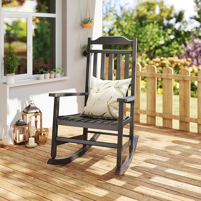 Patio Rocking Chair Outdoor Set of 1,Weather Resistant Poly Resin Oversized Porch Rocker,High Back Smooth Design,350lb Weight Capacity,Indoor Outdoor Use