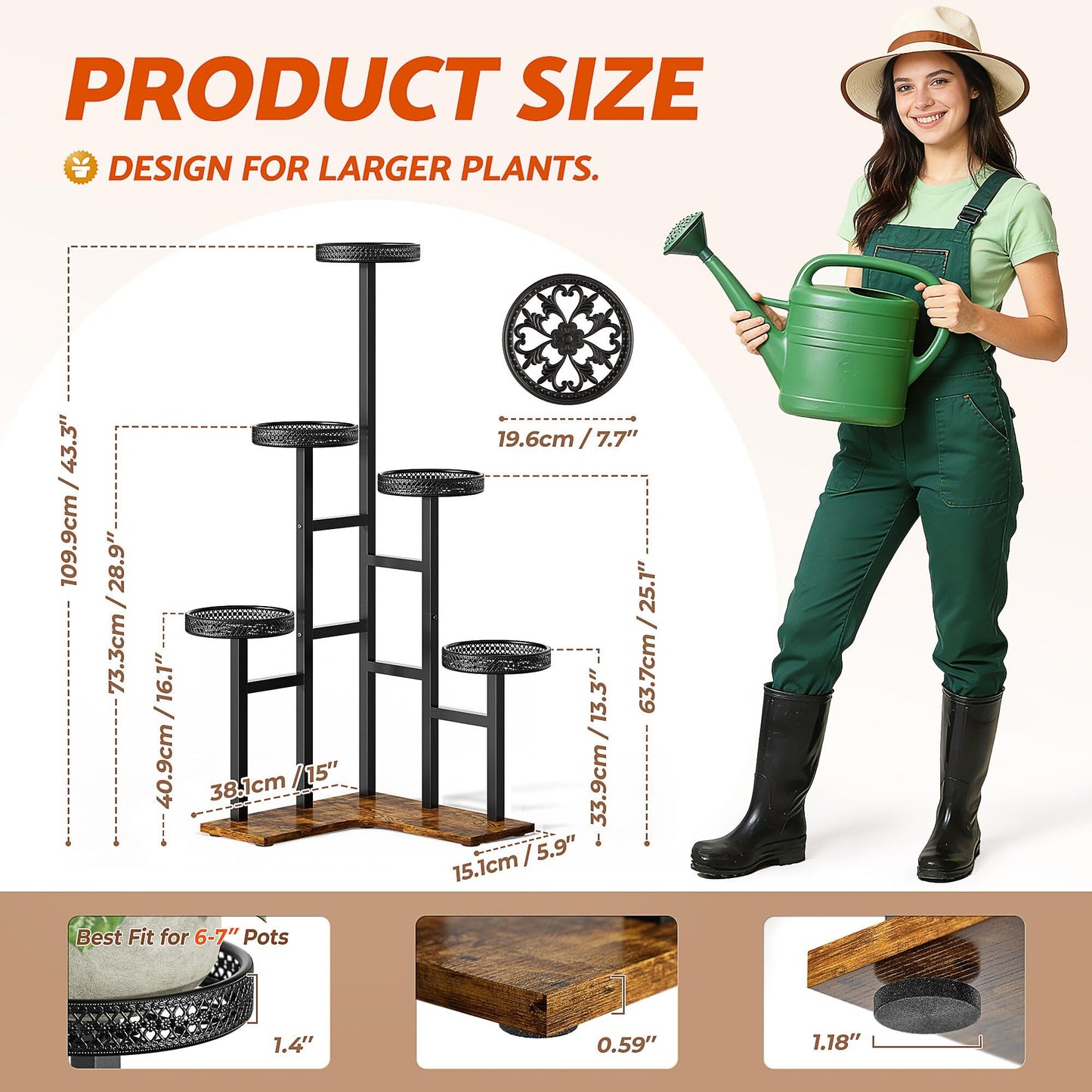 NQW Plant Stand 6 Tier Indoor Outdoor Metal Wood Flower Shelf Corner Flower Holders for Living Room Balcony Garden Patio