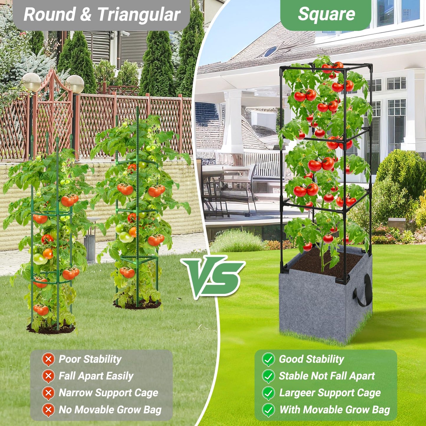 Qinzave 3 Pack Square Tomato Cages with Grow Bags, 42.5 Inch Stable Square Tomato Planter Support Stakes Kit for Garden, Tomato Cages Trellis Pots for Spring Climbing Vegetables Fruits Vines Flowers