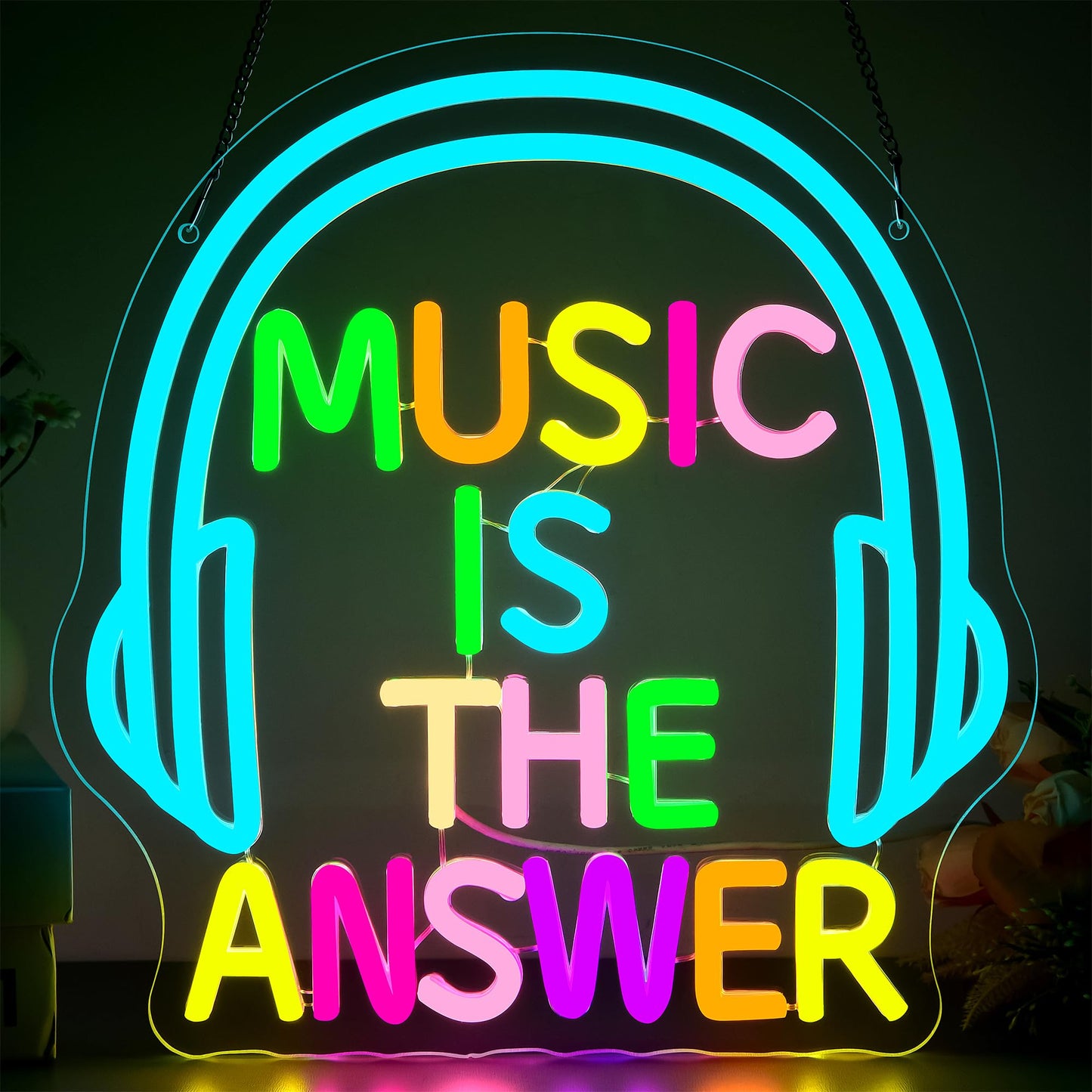 Music Neon Sign for Wall Decor Music Is The Answer LED Neon Light for Studio Dimmable Bar LED Sign for Livehouse Bar Party Bedroom Rock And Roll LED Light Birthday Gifts Size 12.5 * 12.1In(TWP304)
