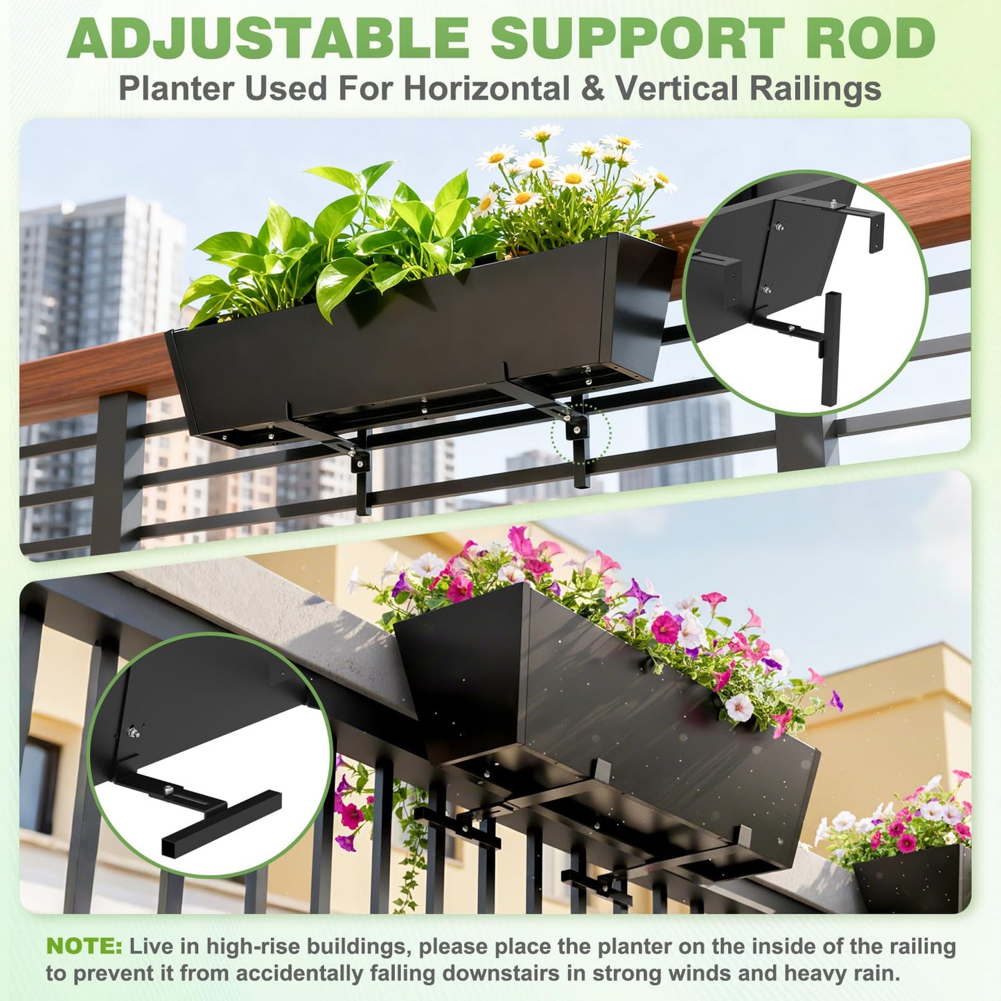 Railing Planter for Outdoor Plants 36'' Metal Hanging Flower Pot with Adjustable Brackets & Drainage Railing Planter Box Countryside Flower Plant Holder for Garden Yard Patio Balcony Deck Decor
