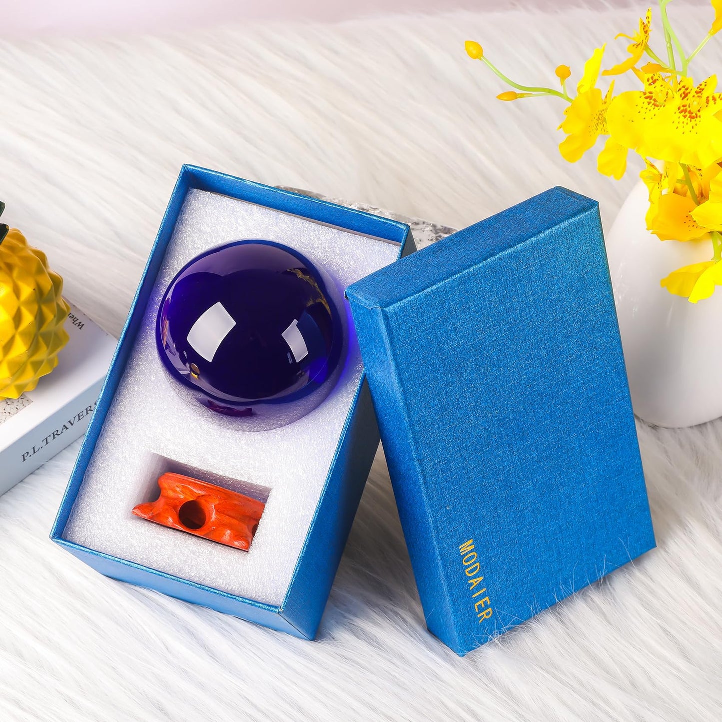 Small Dark Blue Crystal Ball 60mm/2.3 inch with Rose Wooden Stand and Gift Box for lensball Photography,Fortune Teller,Feng Shui, Witchcraft Decor,Scrying,Magic,Glass Orb Prop Decorative Sphere