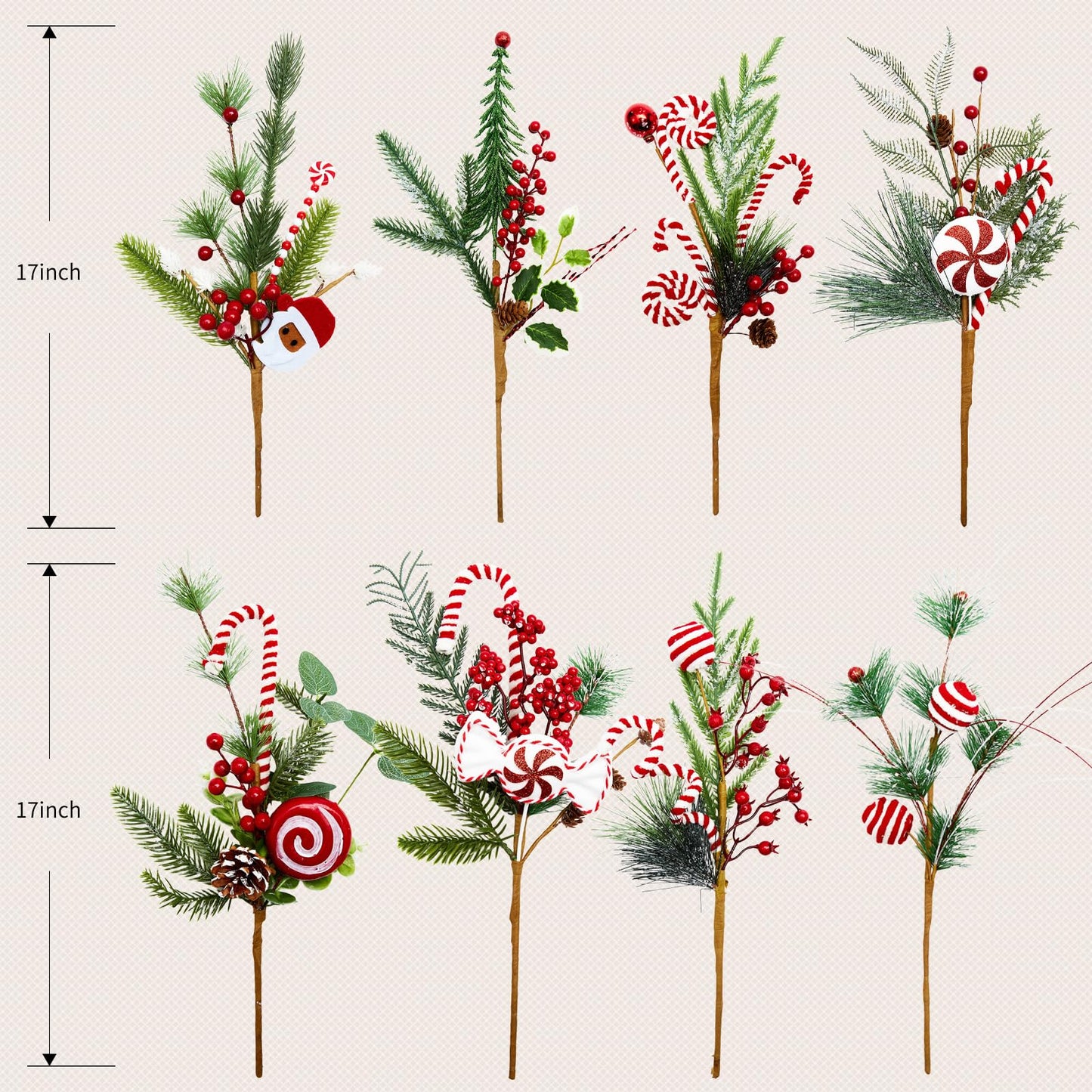 Egolot 8 PCS 17 Inch Christmas Candy Cane Picks for Christmas Tree Wreath DIY, Xmas Green Pine Picks with Red Berries Balls and Candy for Indoor Outdoor, Xmas Picks Bundle for Centerpieces
