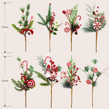 Egolot 8 PCS 17 Inch Christmas Candy Cane Picks for Christmas Tree Wreath DIY, Xmas Green Pine Picks with Red Berries Balls and Candy for Indoor Outdoor, Xmas Picks Bundle for Centerpieces