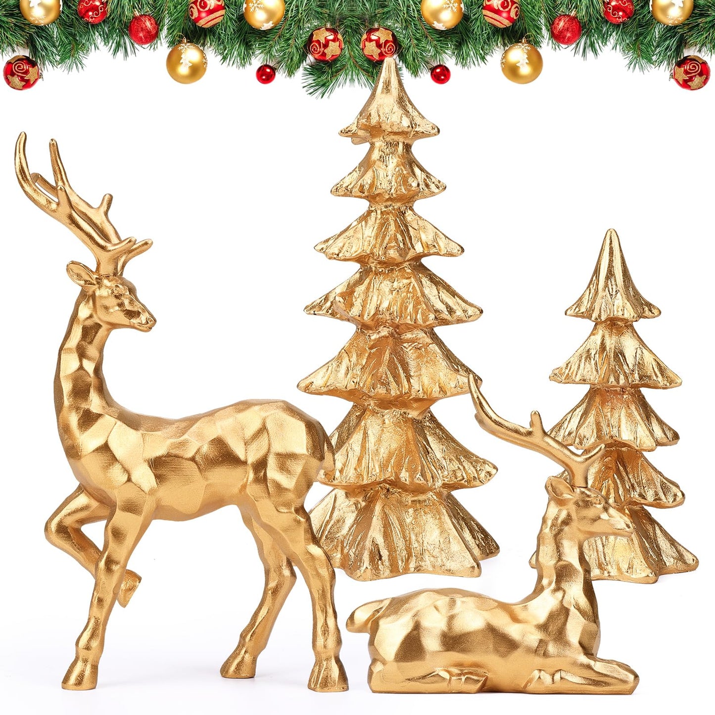 DARCKLE 4-Piece Gold Christmas Tree Figurines and Resin Elk Sculpture Small Resin Christmas Trees,Tabletop Tree Artificial Animal Crafts for Indoor Home Decor,Tabletop Mantle Cabinet Desktop Offic