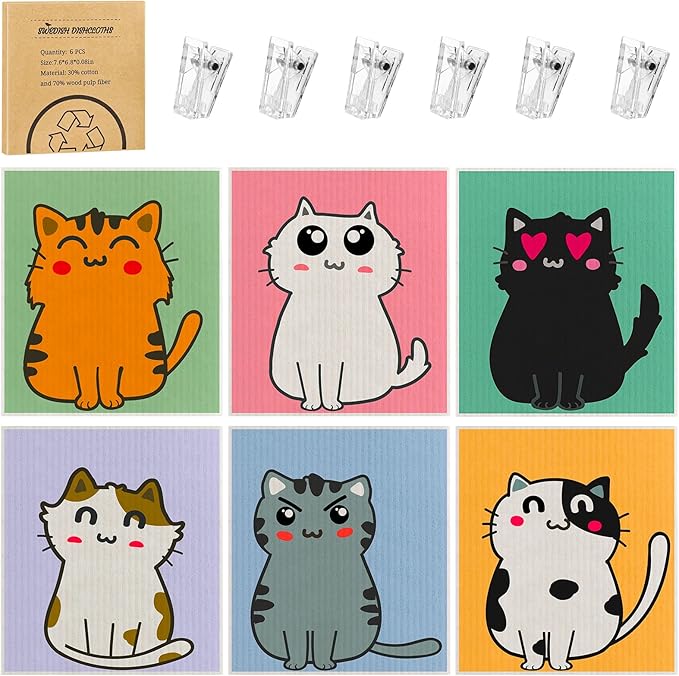 6 Pack Swedish Dishcloths for Kitchen, Cat Gifts for Cat Lovers Swedish Rags