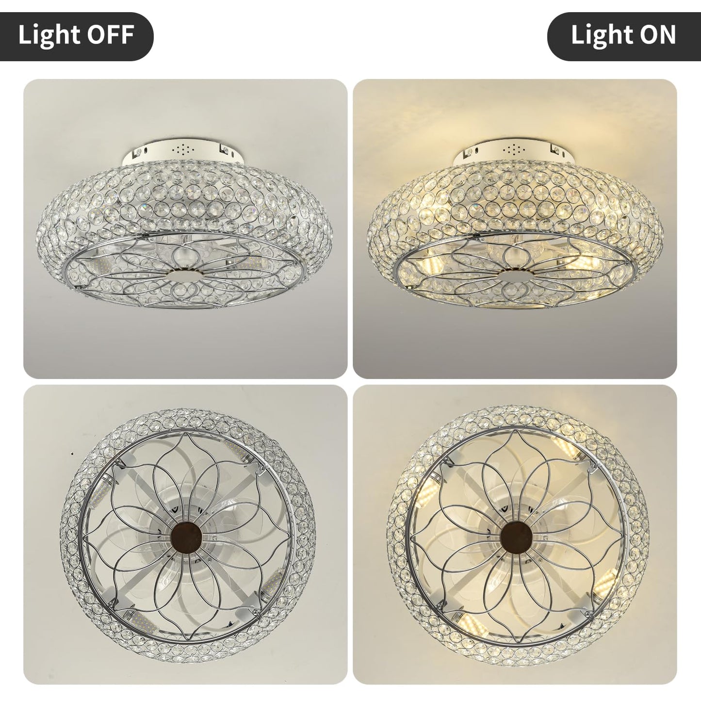 XUDOM Caged Crystal Ceiling Fans with Lights and Remote,20" Flush Mount Low Profile Ceiling Fan with Light,6 Speed Enclosed Ceiling Fan with Reversible Motor for Bedroom Kitchen Living Room