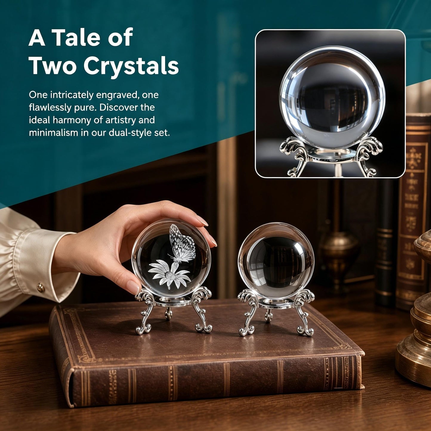 vskikris 3D Laser Engraved Crystal Ball Set, 60mm K9 Clear Crystal Sphere with Butterfly & Flower Design + Blank Ball, with Gold Stand, for Home Decor, Feng Shui, Unique Gift for Women