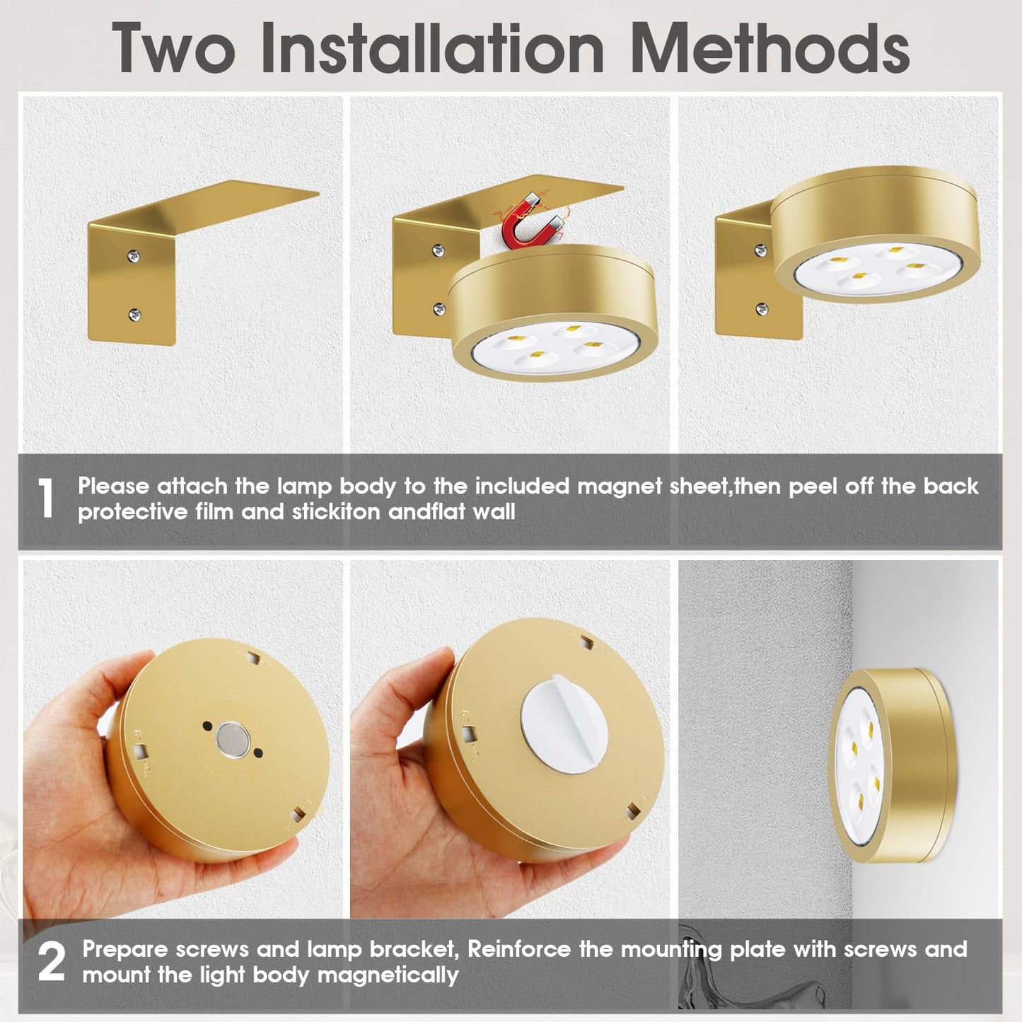 SIXDEFLY Picture Lights for Wall, 3 Lighting Modes Magnetic Art Display Light,Battery Operated Led Painting Light with Remote Control Dimmable & Timer,3Pack Gold