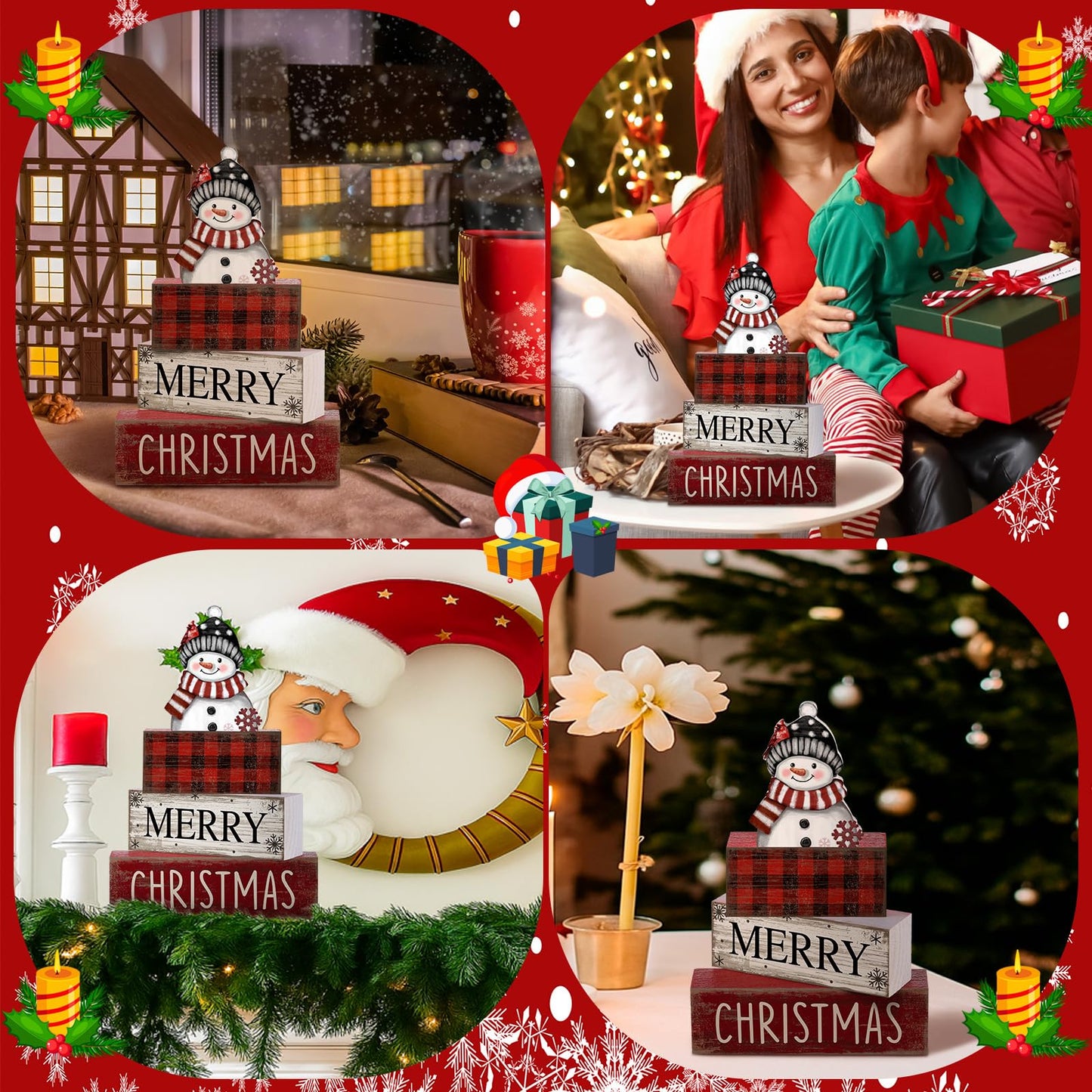 Lineshading 4 Pcs Christmas Table Decoration Wooden Snowman Christmas Tiered Tray Decor Red Buffalo Plaid Block Signs Snowman Table Centerpiece Farmhouse Winter Decoration for Home Kitchen Shelf