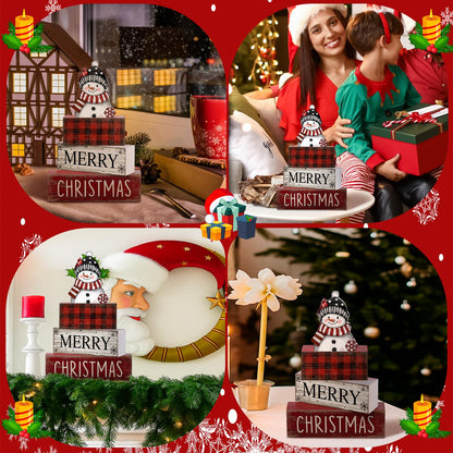 Lineshading 4 Pcs Christmas Table Decoration Wooden Snowman Christmas Tiered Tray Decor Red Buffalo Plaid Block Signs Snowman Table Centerpiece Farmhouse Winter Decoration for Home Kitchen Shelf