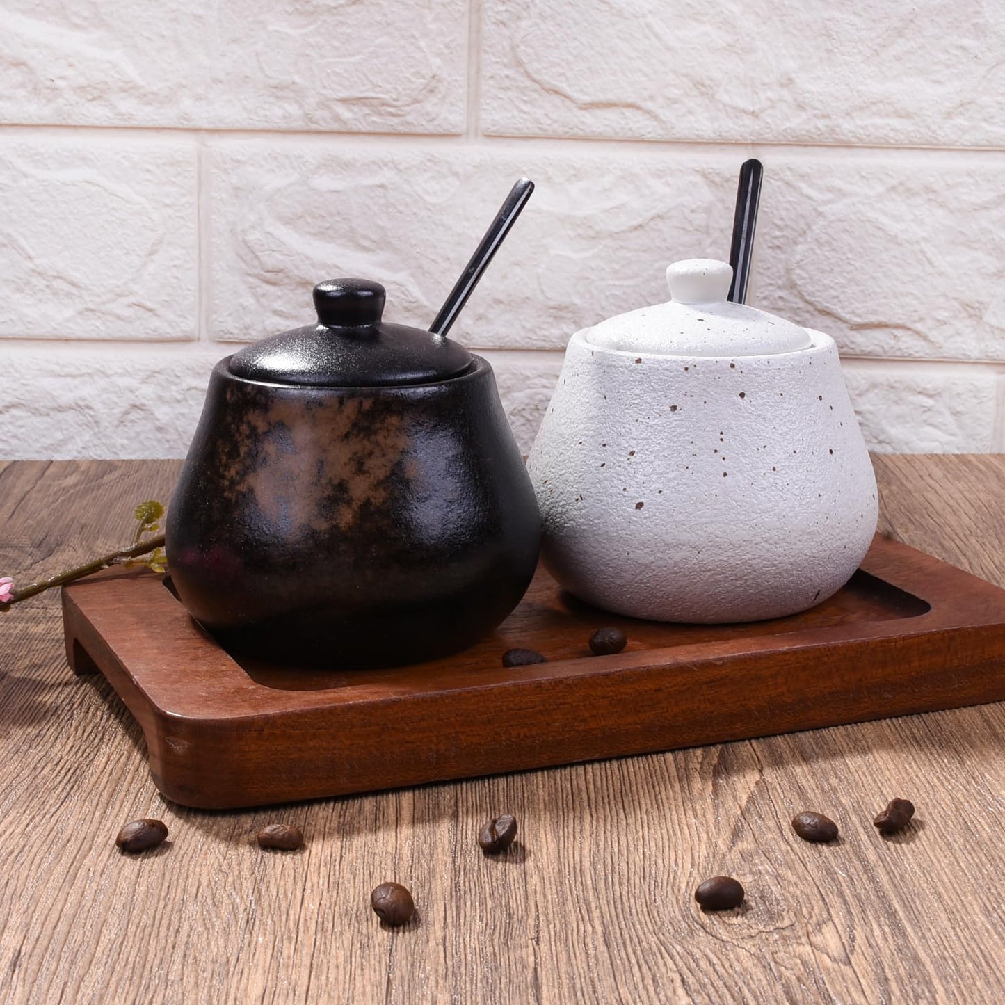 BOSILI Sugar Bowl with Lid and Spoons, 3.9" Rustic Reactive Kiln-Glaze Spice Jar, Black & Brown Porcelain Condiment Pot for Salt, Jam & Seasonings, Textured Stoneware Salt Cellar for Kitchen & Cafe