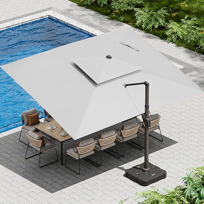 10 X 13 FT Cantilever Patio Umbrella with Led Lights and Base Included Outdoor Heavy Duty Double Top Rectangle Offset Umbrellas with 360-degree Rotation for Pool Deck Backyard, Foggy Grey