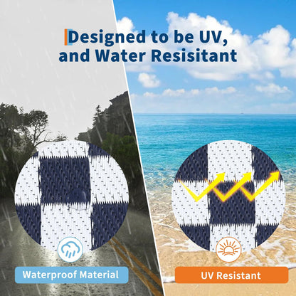 LUXLOOM 9x18 Outdoor Rug Waterproof Large Camping Rugs Reversible Plastic Straw RV Mat, Foldable Fade-Proof & Hose-cleanable Outdoor Carpet with Stakes & Carry Bag for Patio Deck Beach Blue White
