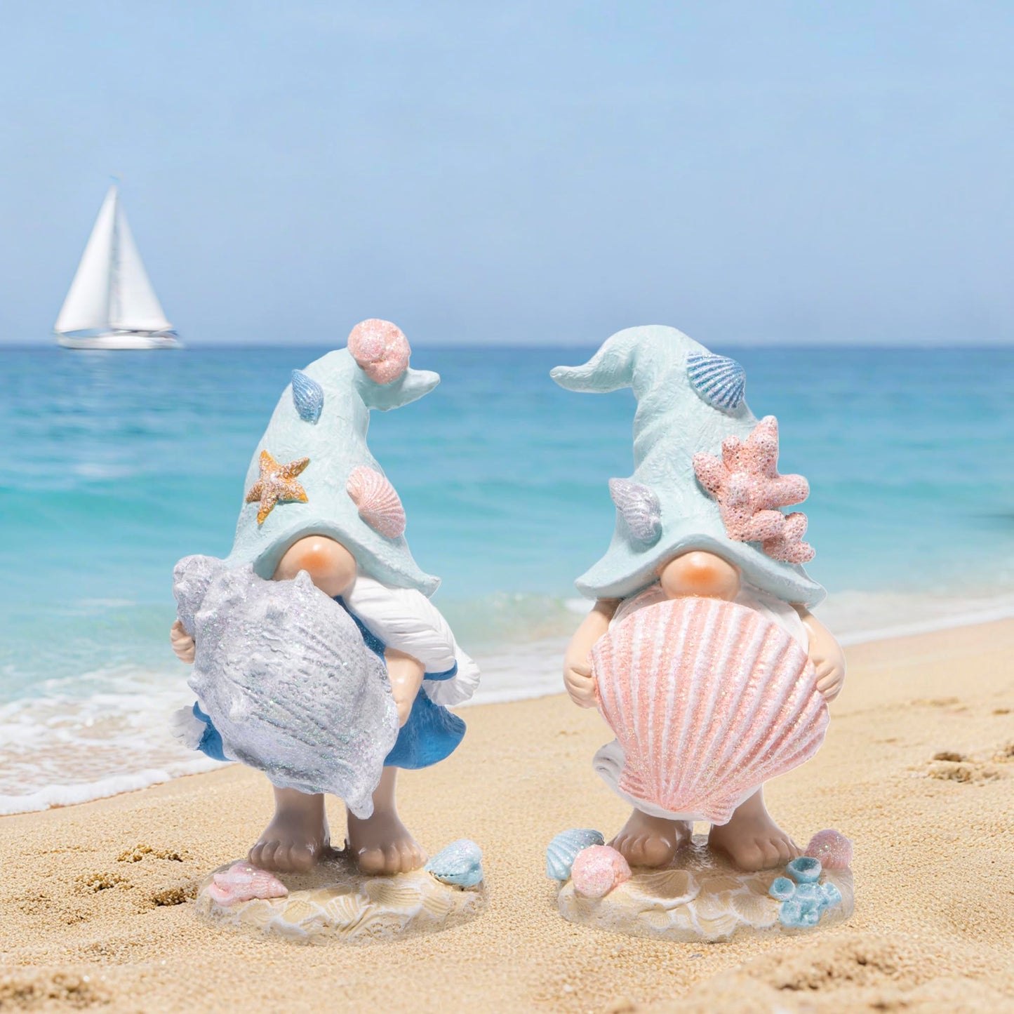 Hodao Ocean Elf Figurines with Seashell & Conch – Coastal Nautical Beach Elf Decor for Coastal Living Room, Ocean Themed Home Tabletop Decoration, Gift for Retirees (Blue-Grey)