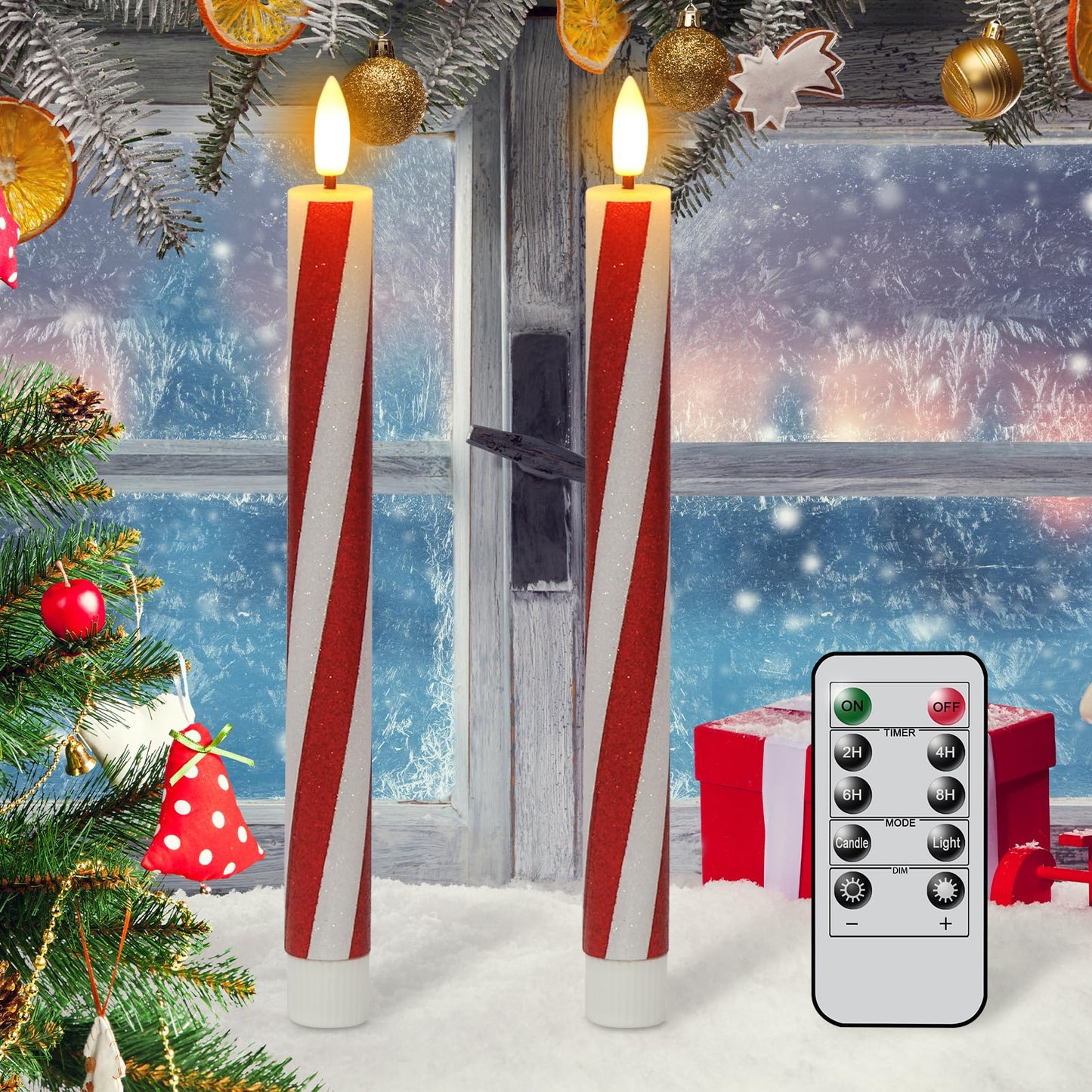 DRomance Christmas Flameless Taper Candles Flickering Battery Operated with Remote Timer, 2 Pack Real Wax 3D Wick LED Taper Candles Candy Cane Decals Holiday Indoor Dinner Decor(0.76" D x 9.65" H)