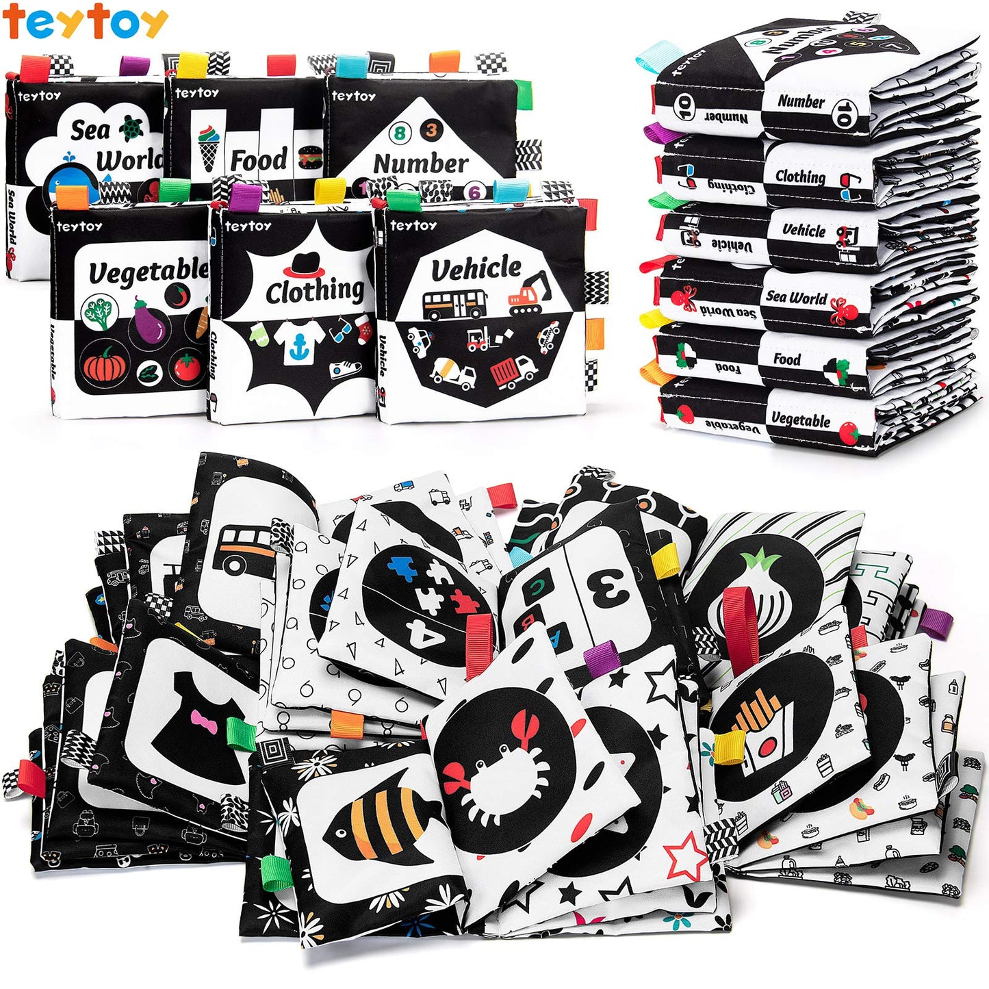 teytoy Baby Soft Cloth Book Set 6 PCS, Black and White High Contrast Baby Activity Crinkle Books for 0 3 6 9 12 Months Newborn Infants Babies Boys and Girls Early Educational Learning Toys