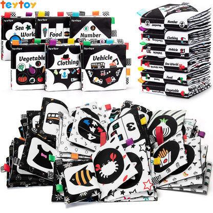 teytoy Baby Soft Cloth Book Set 6 PCS, Black and White High Contrast Baby Activity Crinkle Books for 0 3 6 9 12 Months Newborn Infants Babies Boys and Girls Early Educational Learning Toys