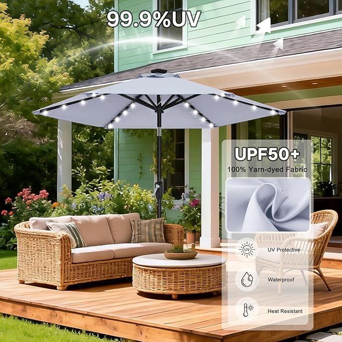 ABCCANOPY Durable Solar Led Patio Umbrellas with 24LED Lights 7.5FT with 6 Sturdy Ribs (Fog Gray)