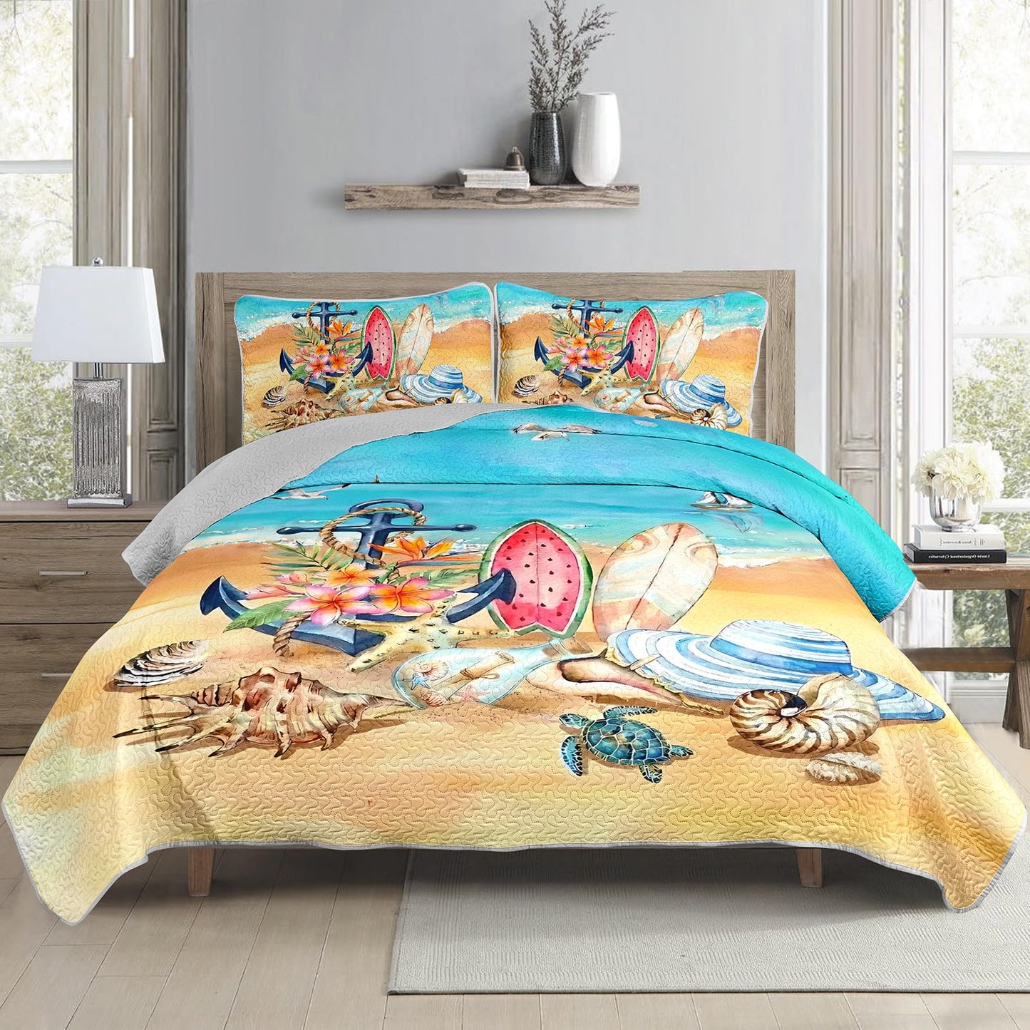 AILONEN Ocean Beach Bedding Quilt Set Queen Size,Tropical Boat Anchor Surfboard Theme Bedspread Coverlet,Blue Soft Lightweight (Quilt,2 Pillowcases)