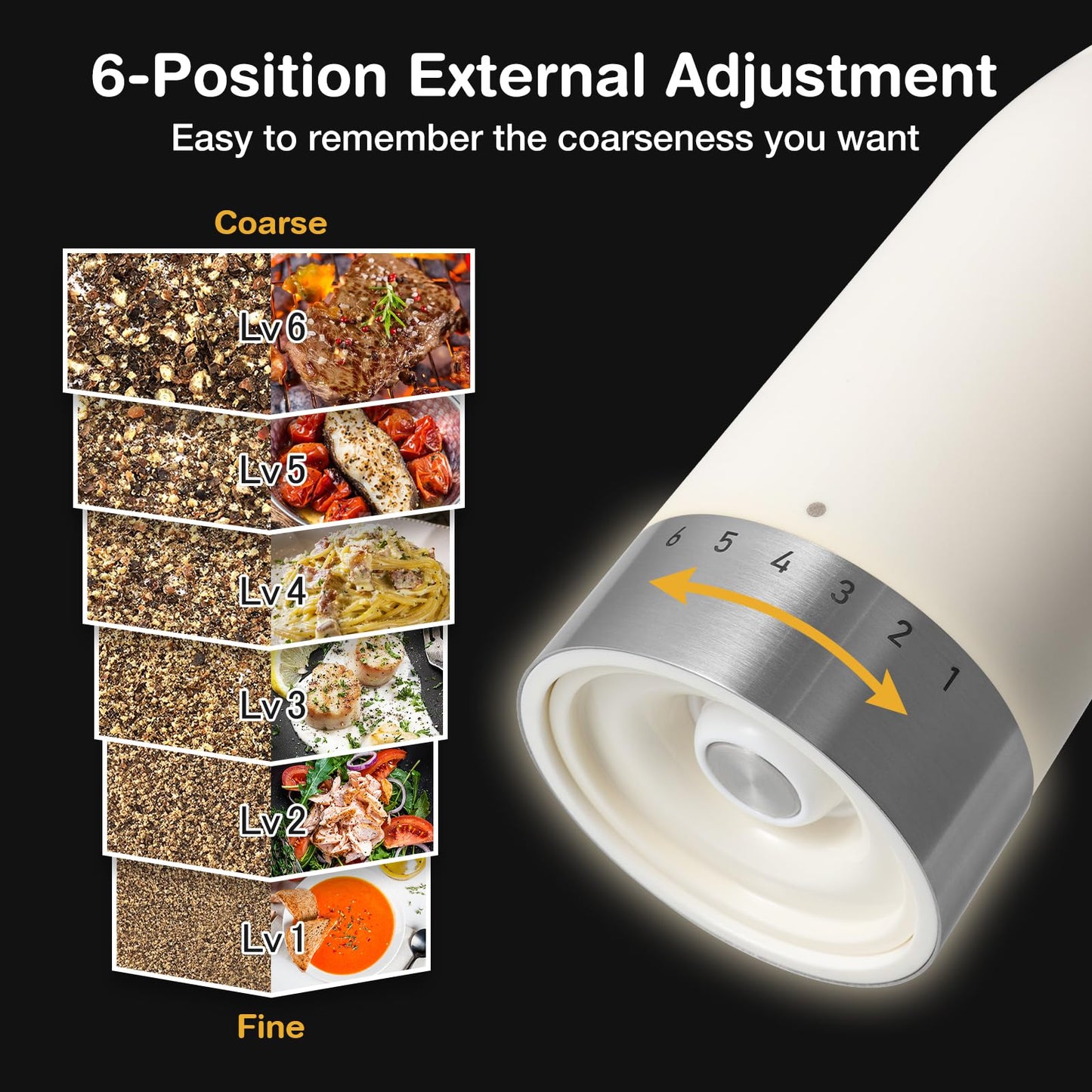 Vucchini Manual Pepper Grinder with Ambient Light 6-level Setting External Adjustable Coarseness Ceramic Salt Grinder Spice Mill for Table,Kitchen,Restaurant,Party,Candlelight Dinner