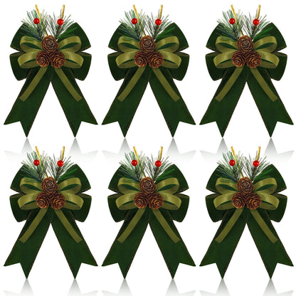 Syhood 6 Pcs Christmas Bows with Pine Cones Pine Needles Xmas Velvet Bows Sage Green Ribbon Christmas Tree Wreath Decoration for Xmas Parties Indoor Outdoor Crafts DIY Decor