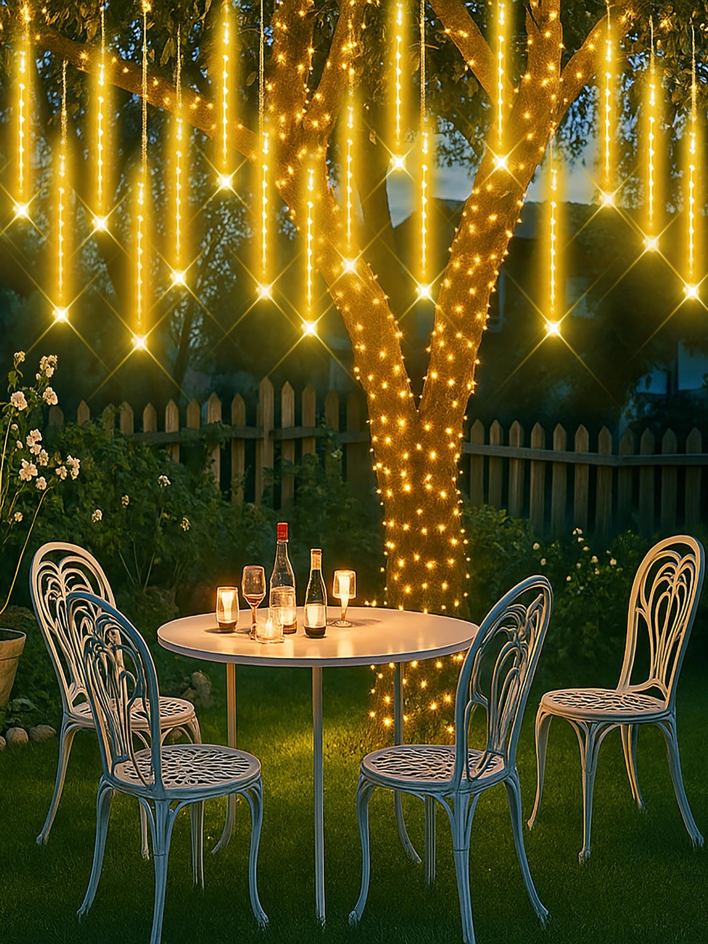 Aokudoni Warm White Christmas Lights Meteor Shower Lights Outdoor 24-Tube 576 LED Snowfall Icicle Cascading Rain Light Christmas Decorations for House Tree Yard Roof Patio Porch Stair, UL Plug
