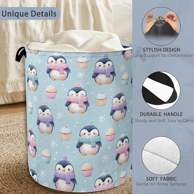Cute Penguin Laundry Basket, Snowflake Cake Foldable Oxford Cloth Tote Bag