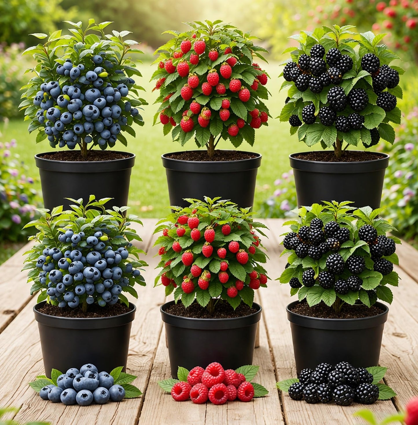 6 Pack Berry Grower Live Plants Bundle – 2 Blueberry, 2 Raspberry & 2 BlackBerry Bushes – Fruit Plants for Outdoor Garden or Containers – Easy to Grow Edible Berry Starter Kit