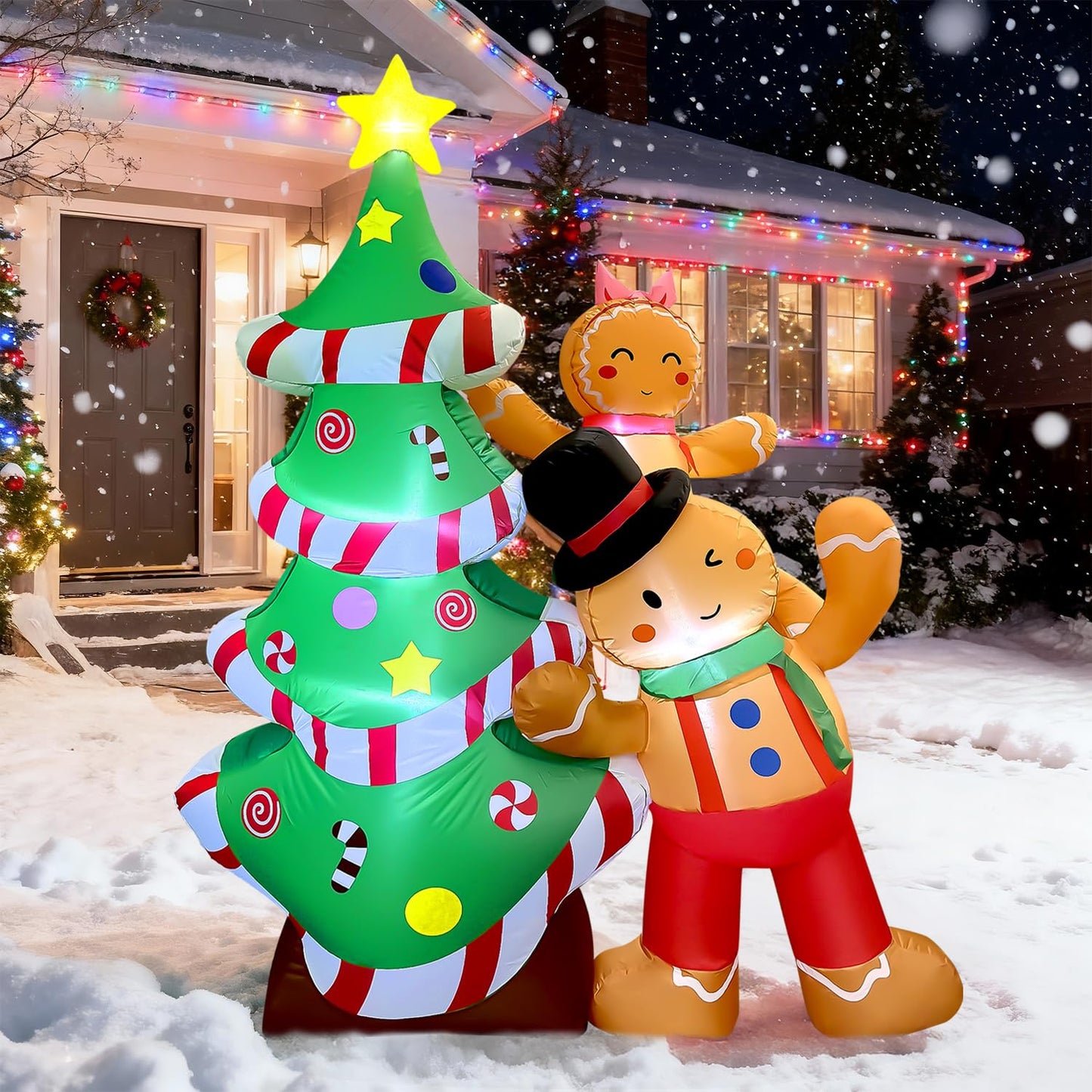 GVDV 8FT Inflatable Christmas Tree with Gingerbread Man Clearance,Giant Outdoor Christmas Inflatables Decoration with Bright LED Lights,Fast Blow Up Christmas Lawn Inflatables with Stakes & Sandbags