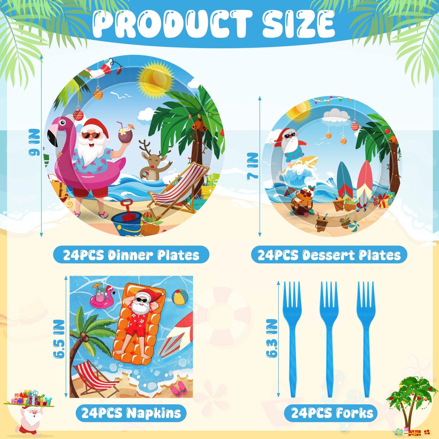 96PCS Summer Christmas July Decoration, July Christmas Plates and Napkins Forks Set, Disposable Hawaiian Beach Xmas Santa Tableware for Tropical Pool Beach Picnics Birthday Party Supplies Serves 24
