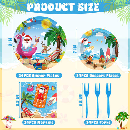 96PCS Summer Christmas July Decoration, July Christmas Plates and Napkins Forks Set, Disposable Hawaiian Beach Xmas Santa Tableware for Tropical Pool Beach Picnics Birthday Party Supplies Serves 24