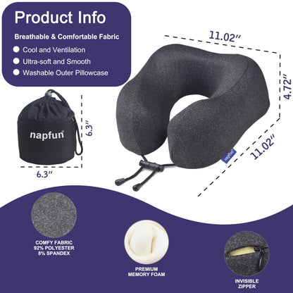 napfun Neck Pillow for Traveling, Upgraded Travel Neck Pillow for Airplane 100% Pure Memory Foam Travel Pillow for Flight Headrest Sleep, Portable Plane Accessories, Light Grey