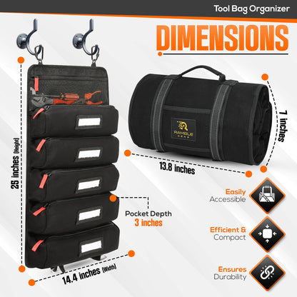 Roll up tool bag with Carabiners - 5 Large Oversized Pockets with Labels-Tool roll bag organizer - Canvas foldable tool Bag organizer | Tool organizer bag for Mechanic, Electrician & more