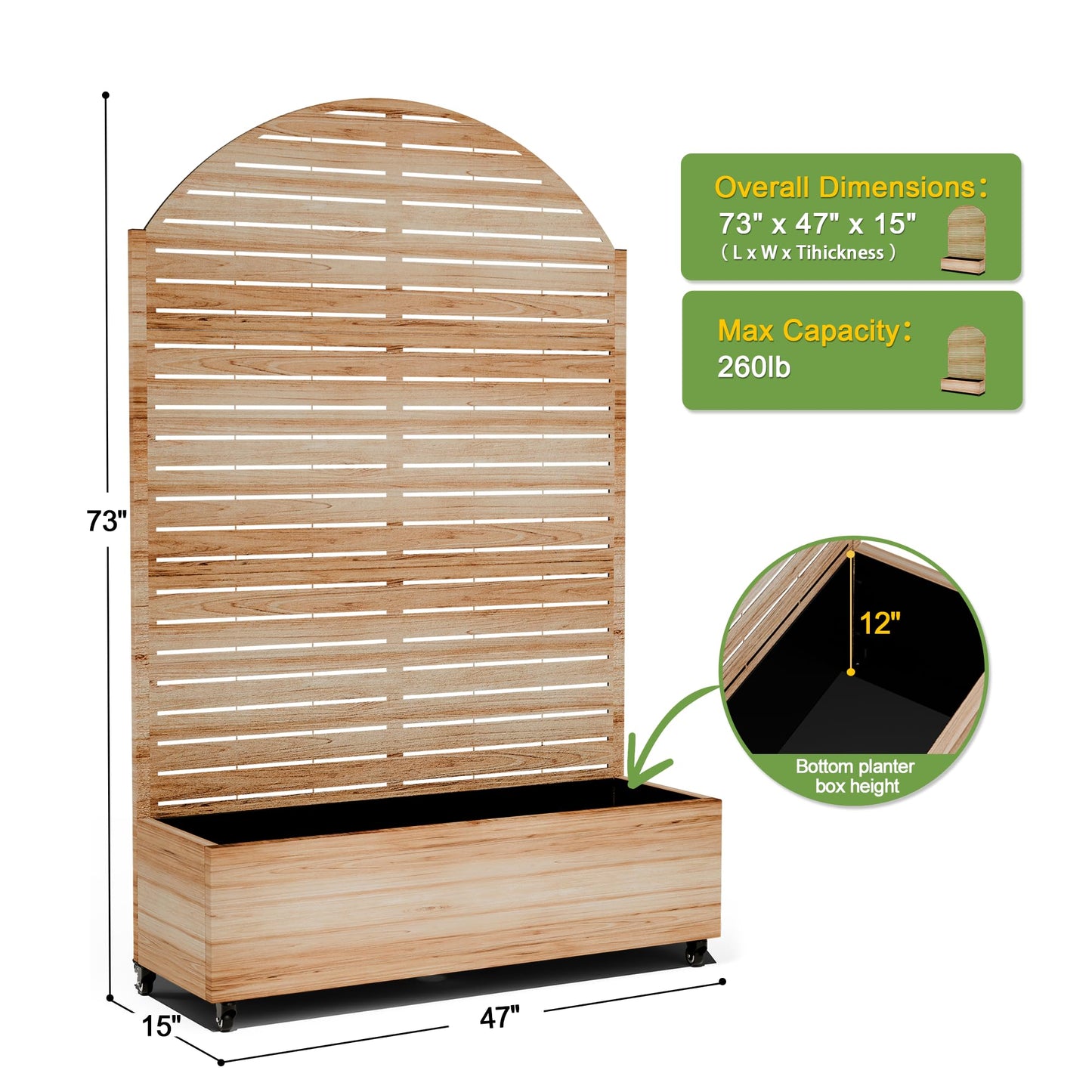FENCY Metal Raised Garden Bed with Wheels and Trellis,Arched 73"x47"x16" Planter Box for Climbing Plants, Vegetables & Vines, Features Privacy Screen and Drainage Holes (Acacia Wood Finish)