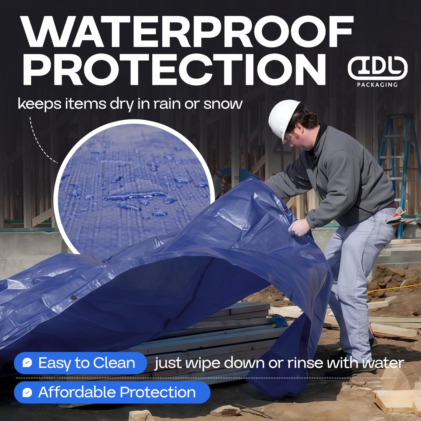 Blue Tarps Waterproof 8'x10', Pack of 8 - USA-Made 3.5 mil Thick Camping Tarp for Car, Boat & Storage Cover - Heavy-Duty Poly Tarpaulin with Grommets for Indoor and Outdoor Protection by IDL Packaging