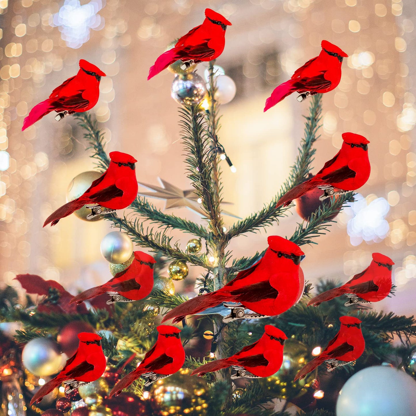 Berfutall-Cardinal Clip On Christmas Tree Ornament Decorations - Red Feathers Set of 12 Pieces Each is 2.8" Lon(A)