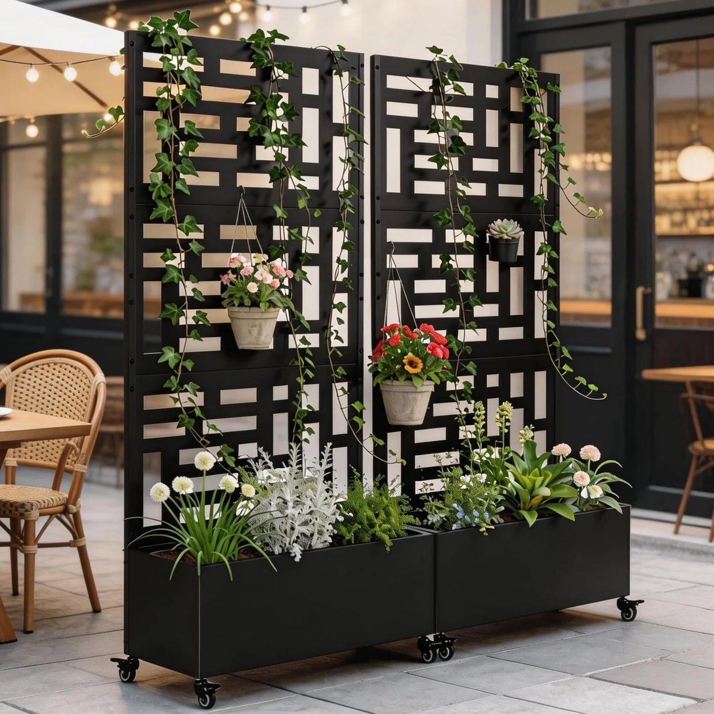 Baotree Metal Raised Garden Bed with Trellis and Wheels, 72"x 35"x 16" Privacy Planters for Patio, Planter Box with Drainage Holes for Climbing Plants, Flower, Vegetable (Black-Helen)