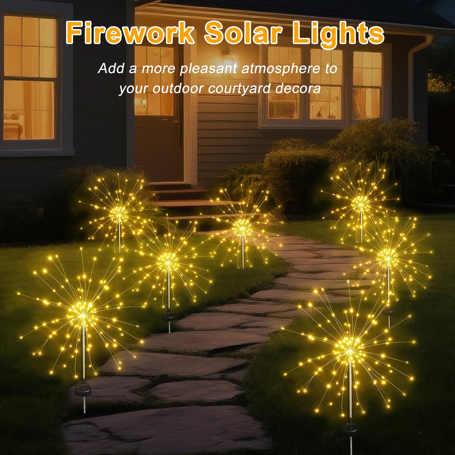 Aureate Horizon Solar Garden Firework Lights Outdoor Waterproof, 2 Pack Solar Lighting with 8 Lighting Modes, 120 LED Sparklers String Lights for Outside Decor Yard Pathway Decorations(Warm)