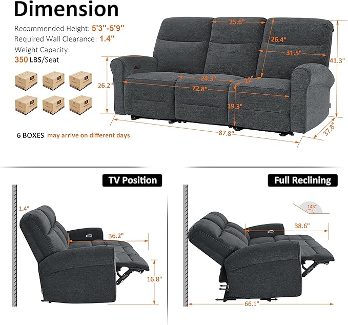MCombo 87.8" Wall Hugger Power Reclining Sofa, 3-Seat Triple Recliner Couch