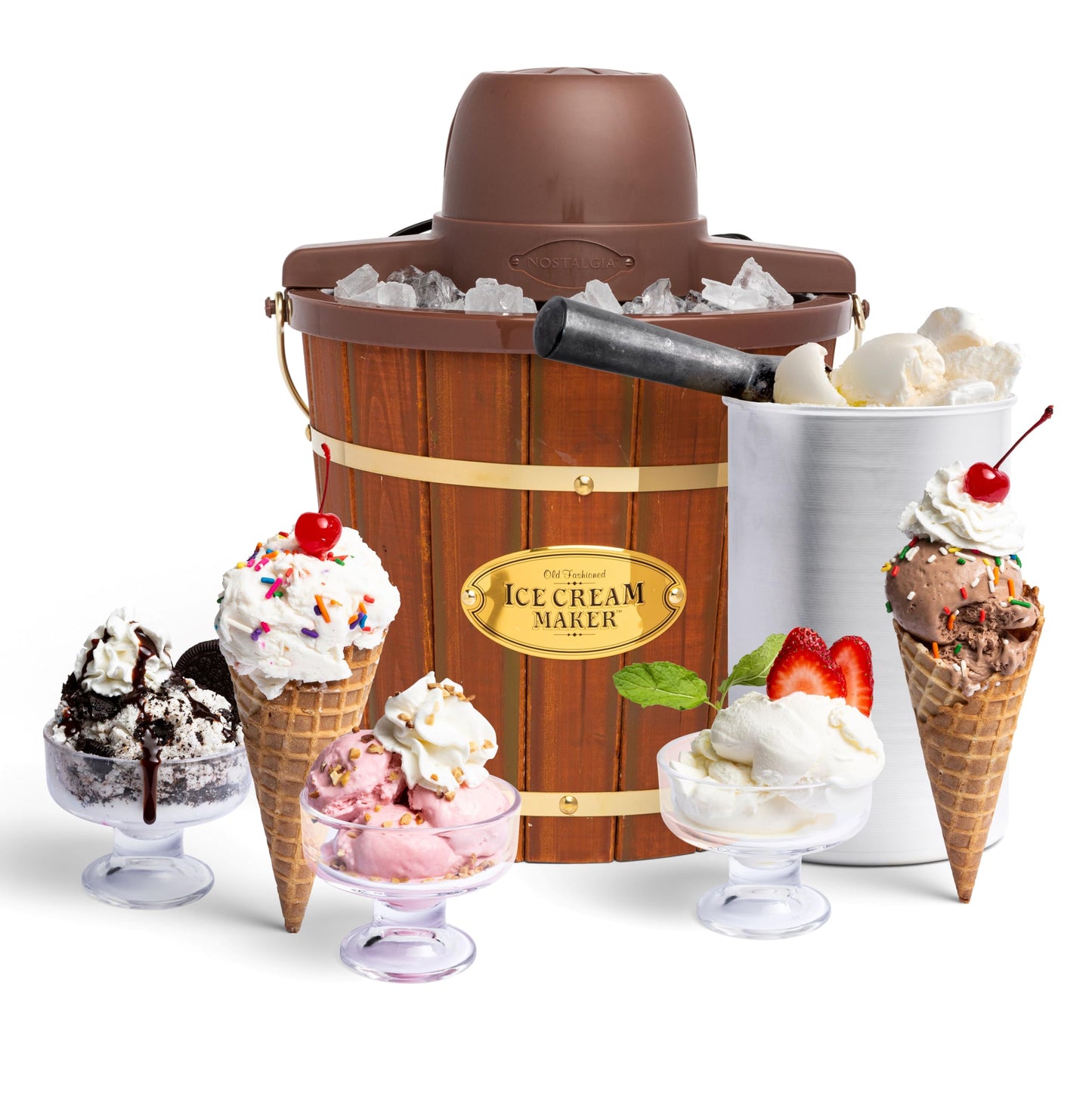 Nostalgia Electric Ice Cream Maker - Old Fashioned Soft Serve Ice Cream Machine Makes Frozen Yogurt or Gelato in Minutes - Fun Kitchen Appliance - Vintage Wooden Style - Light Wood - 4 Quart