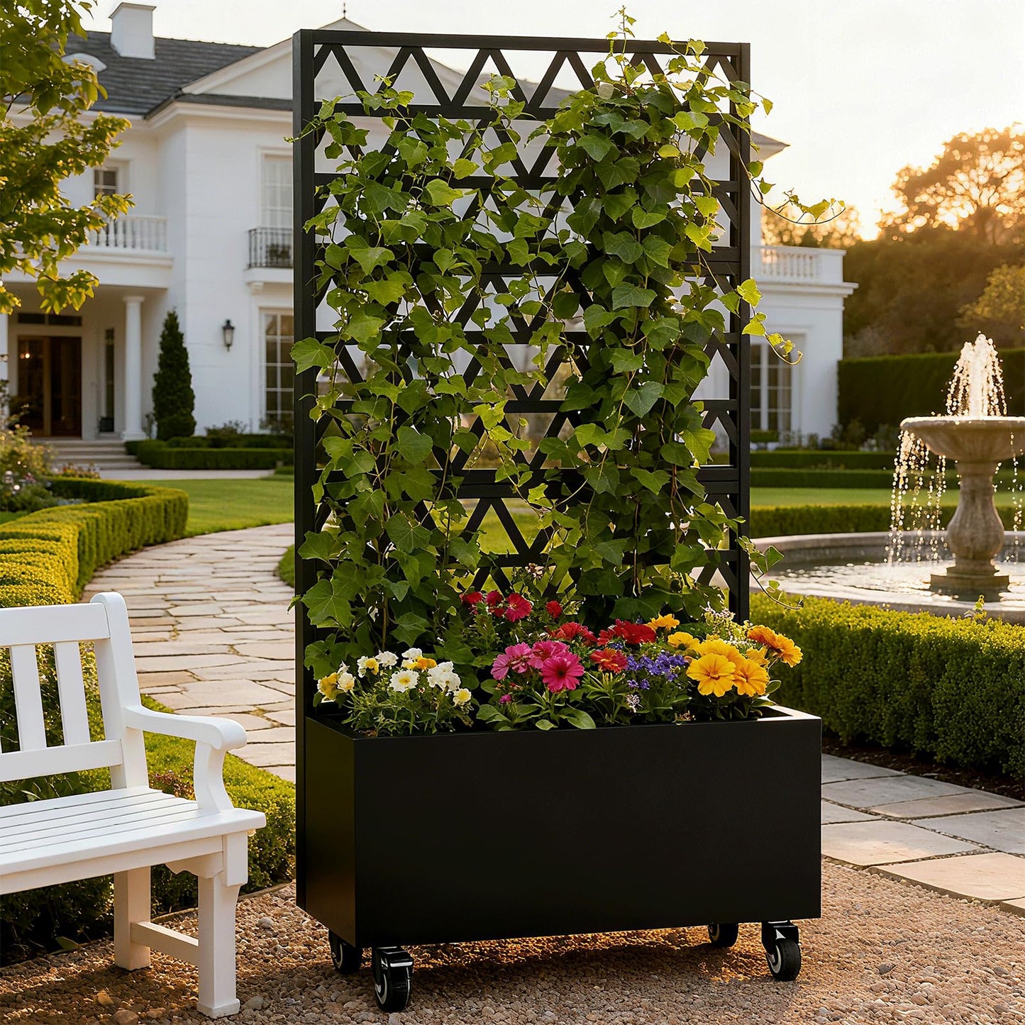 Metal Planter Box with Trellis, 73-Inch Tall Raised Garden Bed with Wheels, Privacy Screen Planter for Climbing Plants, Vegetables & Vines, Galvanized Steel Outdoor Privacy Shield, Black (Square-1)