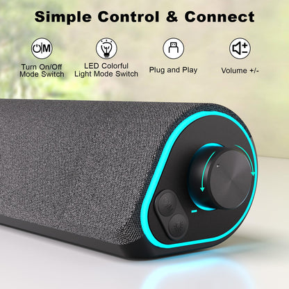 SOULION R50 Bluetooth Computer Speakers, 3.5mm PC Sound Bar for Desktop Monitor, Wired USB Powered & Colorful LED Lights with Switch Button, Surround Sound Soundbar PC Spearkers for Computer