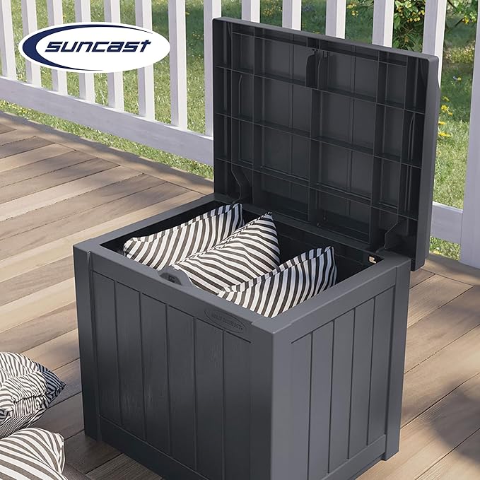 Suncast Small Deck Box Storage w/ Bench Seat for Indoor & Outdoor Use, 22 Gal., Cyberspace