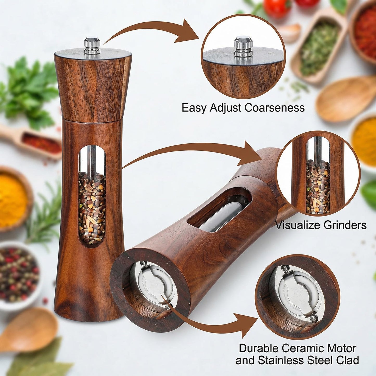 Wood Salt and Pepper Grinder Set, 8 inch Manual Refillable Wooden Salt and Pepper Shakers Mill with Brush, Tray and Spoon, Adjustable Coarseness, Solid Wood with Ceramic Stainless Steel Core