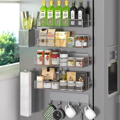 Magnetic Spice Rack for Refrigerator, 6 Pack 100% Metal Strong Magnet Shelf, Space Saving Spice Organizer, Home Kitchen Laundry Room Storage Organization W/ Paper Towel Holder, Utensils Racks (Grey)