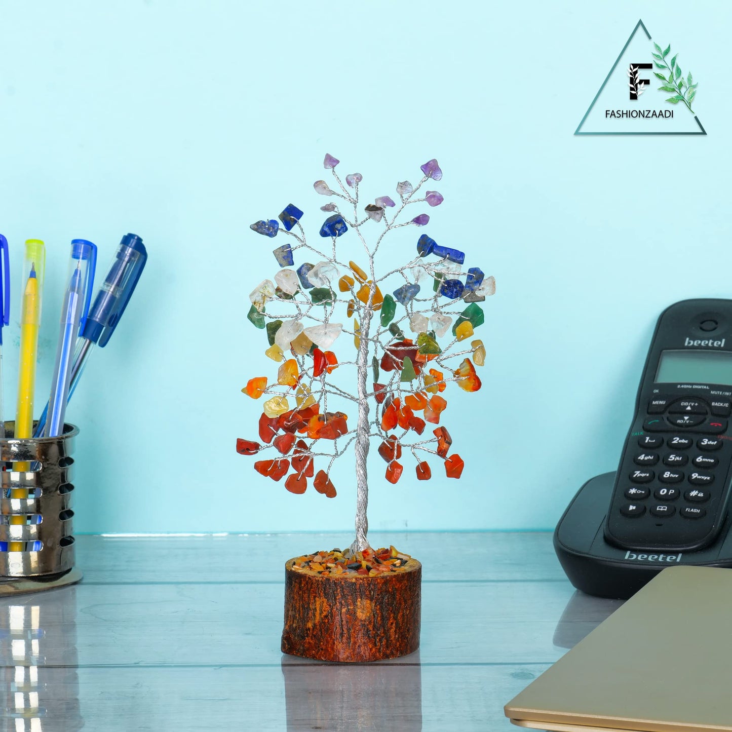 FASHIONZAADI Seven Chakra Natural Stone Feng Shui Bonsai Money Tree for Chakras Balancing Good Luck Crystals Healing Table Décor Health Prosperity Size 7-8 inch (Silver Wire)