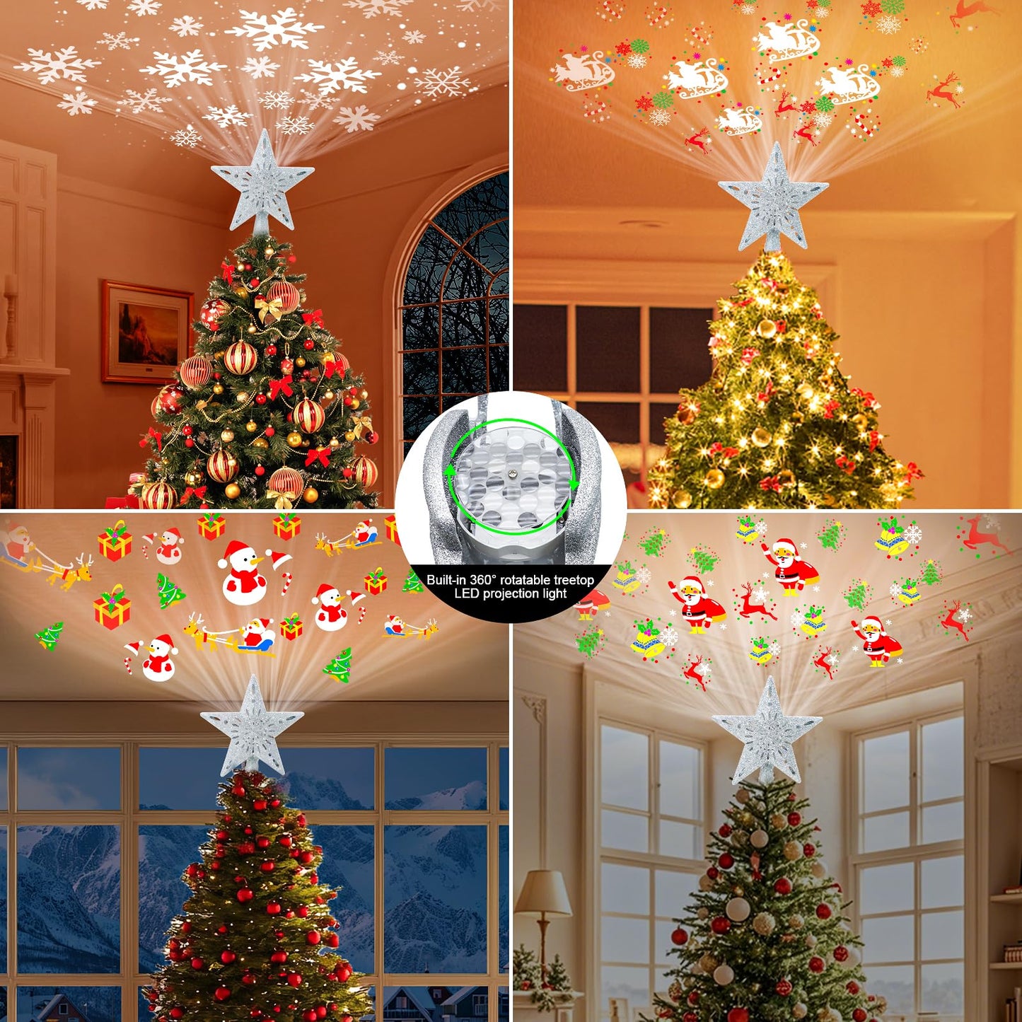 Christmas Tree Topper Projector Lights with 6 Projection Modes, Sliver Star Christmas Tree Topper with Built-in LED Projector, Dynamic Projection for Christmas Party Holiday Decoration
