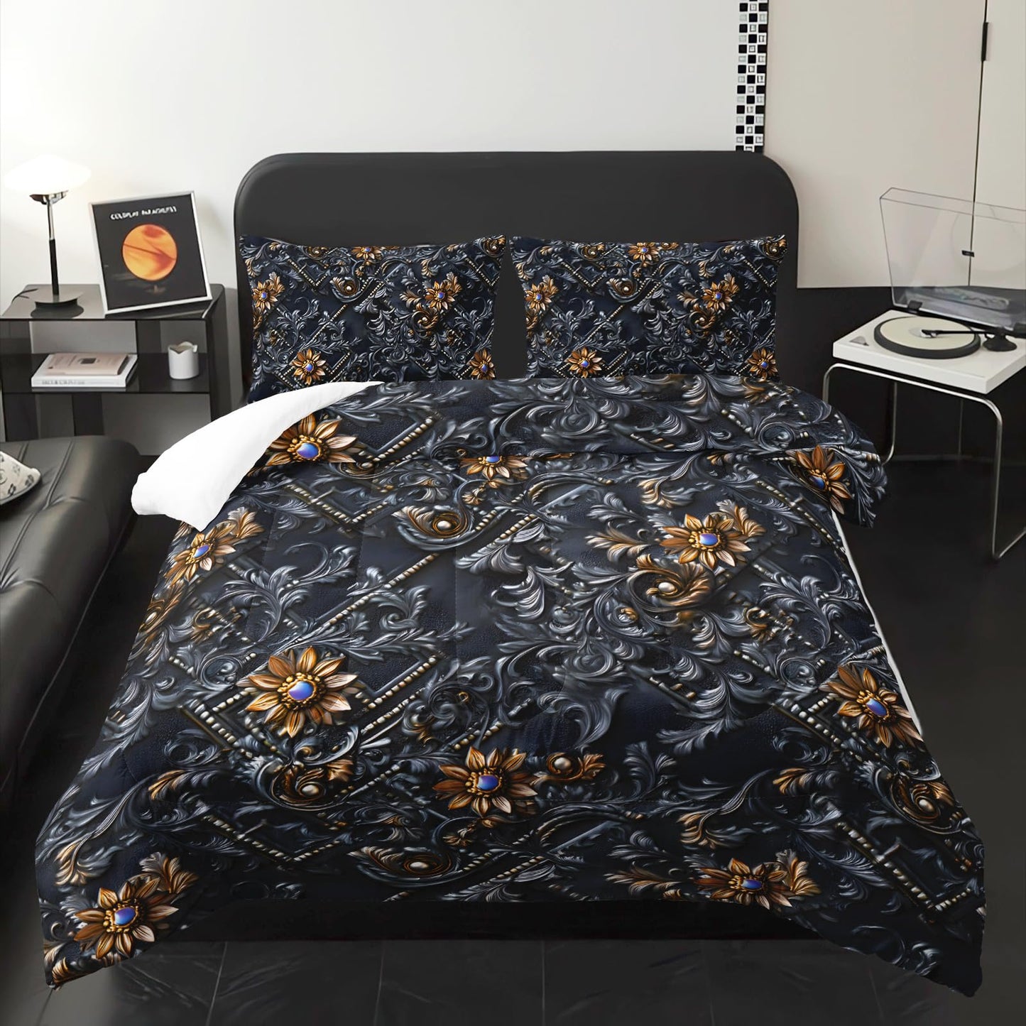 lneffble Black and Gold Floral Comforter Full Set，Victorian Gothic Bedding Set Full，with 1 Comforter with 2 Pillow Case，Floral Bedroom Decor Black