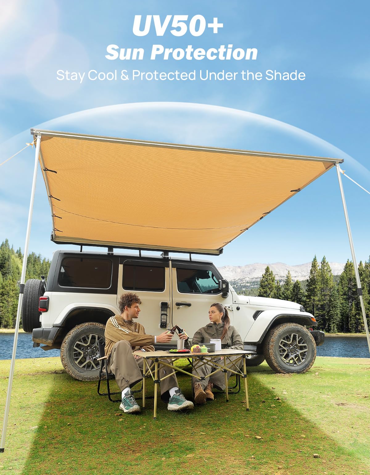 JOYTUTUS Vehicle Awning 4.6'x6.6' Roof Rack Pull-Out Sun Shade UV50+, Weatherproof 4x4 Side Awning for Camping, Car Sunshade with Adjustable Hardware, Quick Set-up, SUV/Truck/Van/Jeep